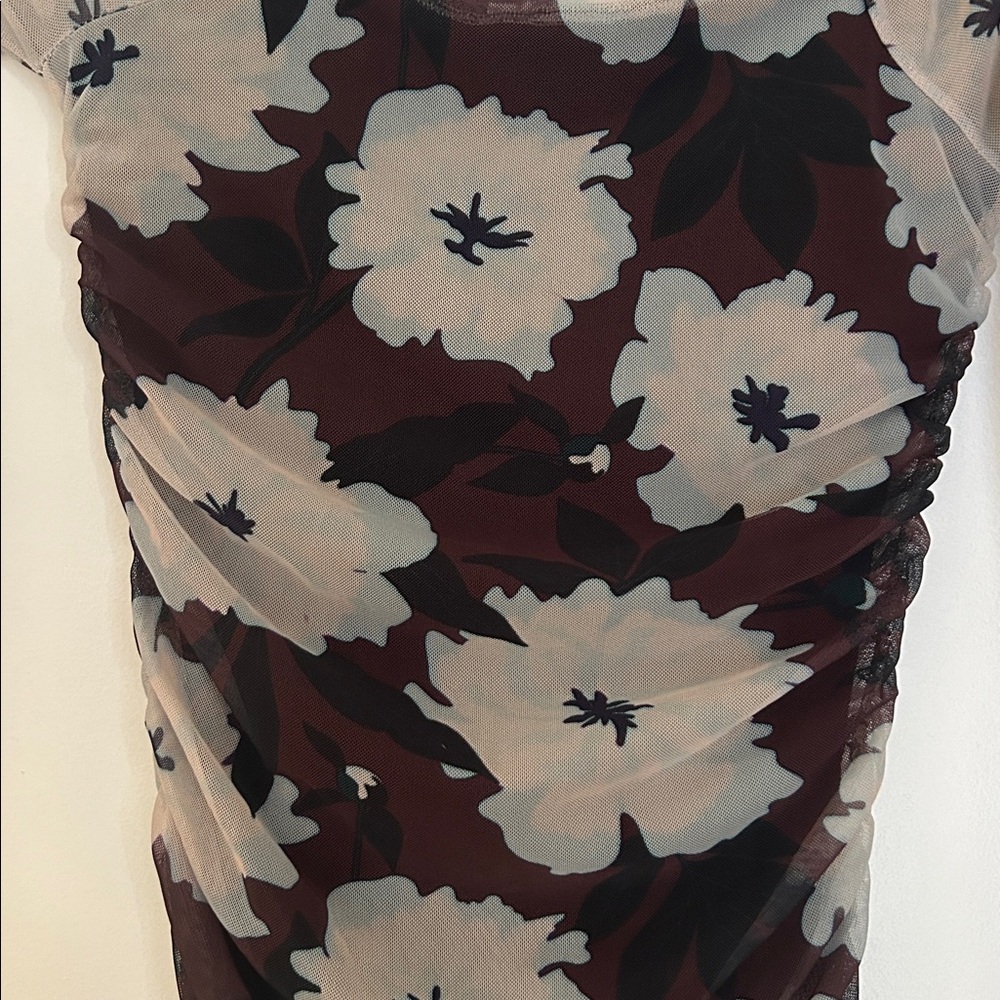 Topshop Brown Cream Floral Long Sleeve Mesh Ruched Dress - Picture 3 of 4